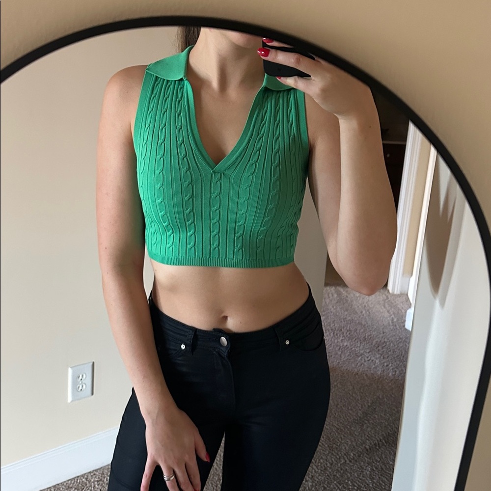 Green Cable Knit Collared Crop Top